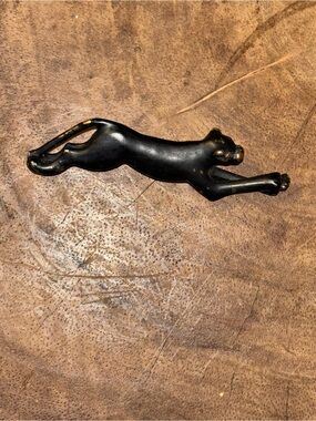 Vintage Mid Century Modern Black Panther Brooch  Sleek Gold Tone Enamel Big Cat